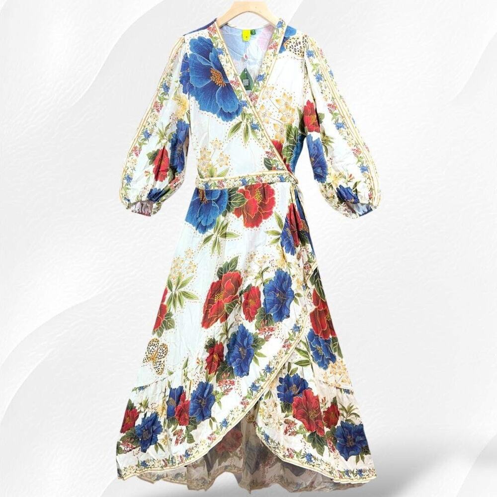 FARM RIO Maxi Wrap Dress Floral Sofia Multicolor V neck Womens size Medium